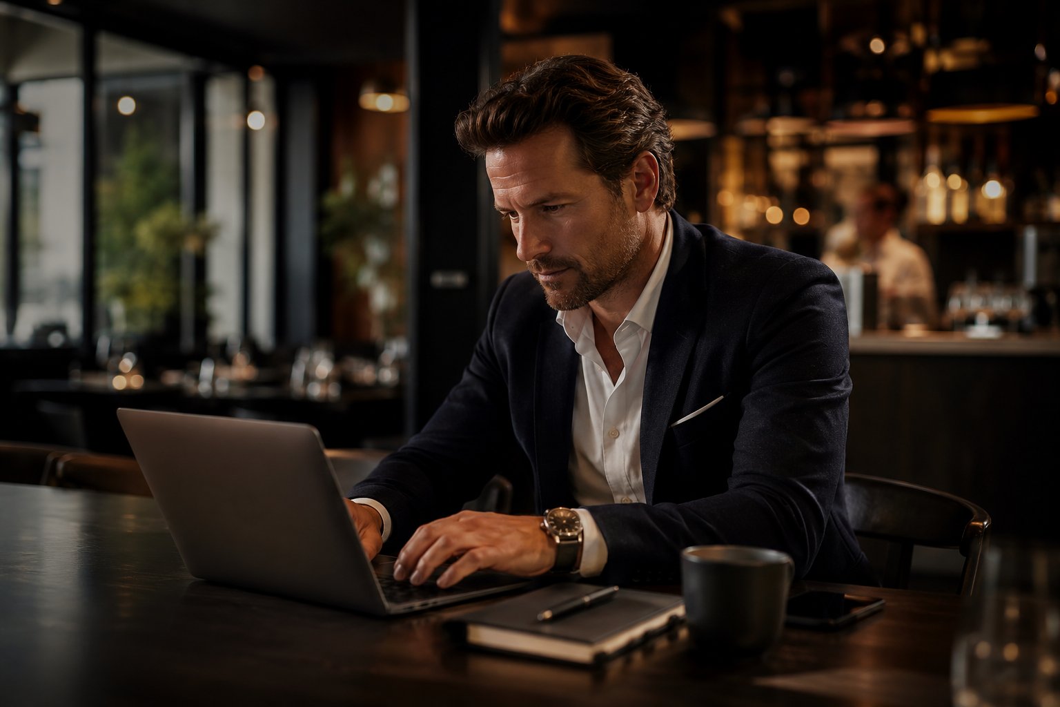 A hospitality business owner reviews Flexian on a laptop in a premium venue.
