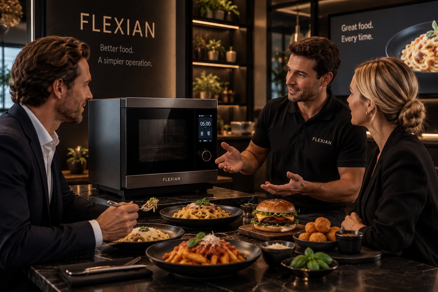 A Flexian representative demonstrates the smart oven and meals to a customer at a tasting.