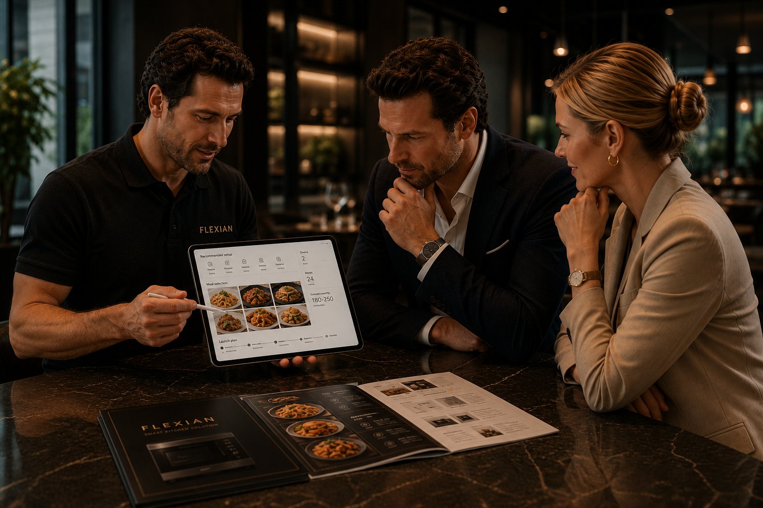A Flexian representative reviews a recommended setup on a tablet with the customer.