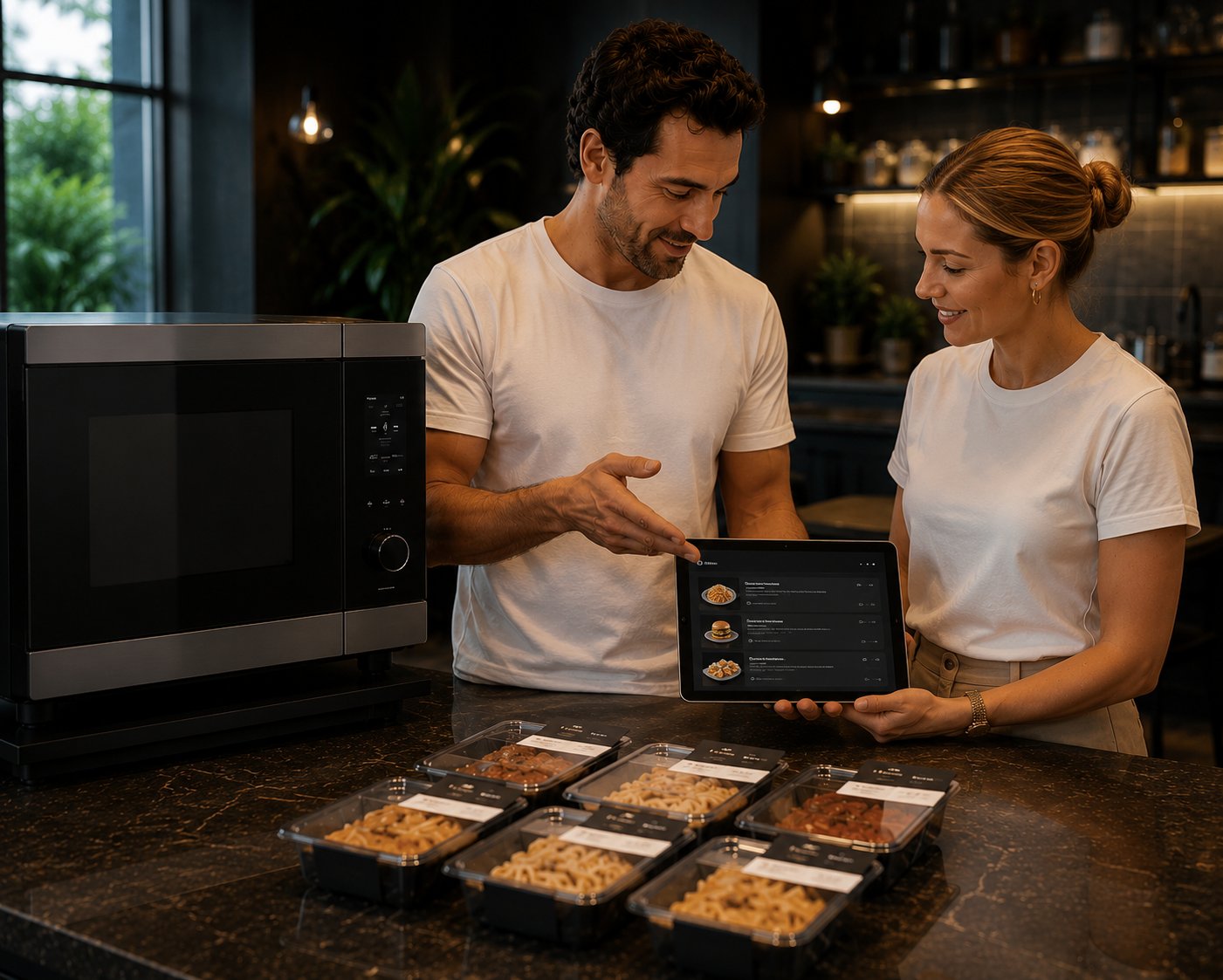 Staff serve meals from the compact Flexian oven, managing the platform on a tablet.